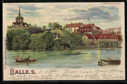 Lithographie Halle /Saale, Cröllwitz mit Bergschanke, aufgehende Sonne im Gegenlicht, Halt gegen das Licht