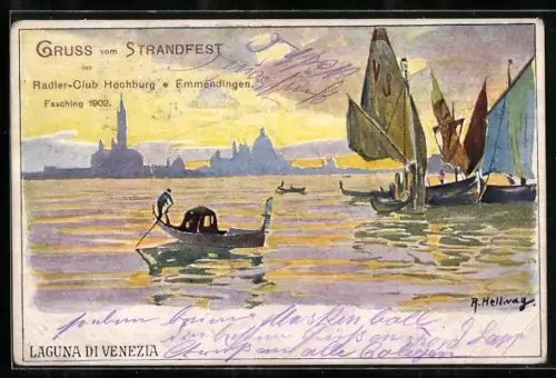 Künstler-AK Emmendingen, Strandfest, Radler-Club Hochburg, Fasching 1902, Silhouette von Venedig