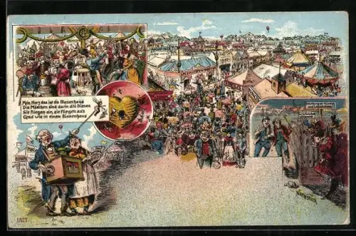 Lithographie Fröhliche Menschen beim Volksfest und Mann mit Leierkasten