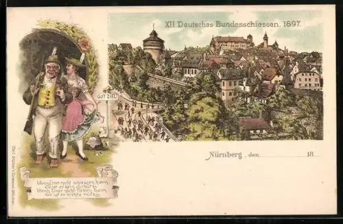 Lithographie Nürnberg, XII. Deutsches Bundesschiessen 1897, Wenn einer nicht schiessen kann, so ist er kein Schütze