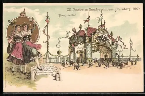 Lithographie Nürnberg, XII. Deutsches Bundesschiessen 1897, Hauptportal