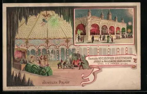 Lithographie Wiener Prater, Juwelen Palast, electrische Adelsberger Grottenbahn