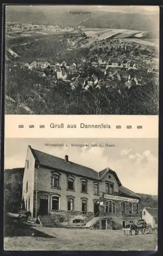 AK Dannenfels, Totalansicht aus der Vogelschau, Wirtschaft und Metzgerei L. Raab
