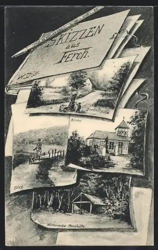 AK Ferch, Dorfstrasse, Kirche, Steg und historische Mooshütte