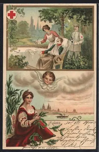 Lithographie Mainz, Versorgung eines Verwundeten beim Roten Kreuz und Ansicht der Stadt vom Wasser aus