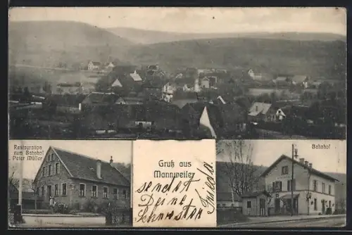AK Mannweiler, Totalansicht, Restauration zum Bahnhof, Inh. Peter Müller und Bahnhof