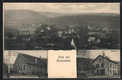 AK Mannweiler, Totalansicht, Restauration zum Bahnhof, Inh. Peter Müller, Bahnhof