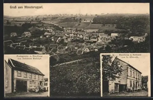 AK Münsterappel, Totalansicht, Postagentur von Friedrich Rudolph, Handlung u. Sattlerei von L. Albrecht