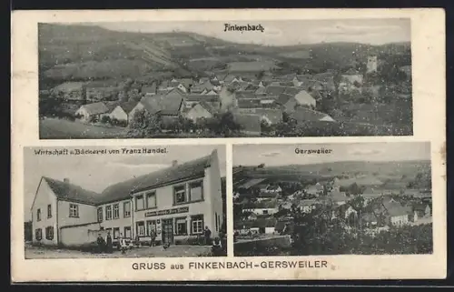 AK Finkenbach-Gersweiler, Totalansicht, Wirtschaft und Bäckerei von Franz Handel und Blick auf Gersweiler