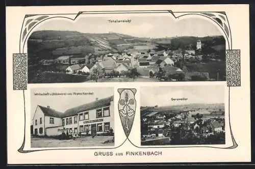 AK Finkenbach, Totalansicht, Wirtschaft und Bäckerei von Franz Handel sowie Blick über die Dächer von Gersweiler