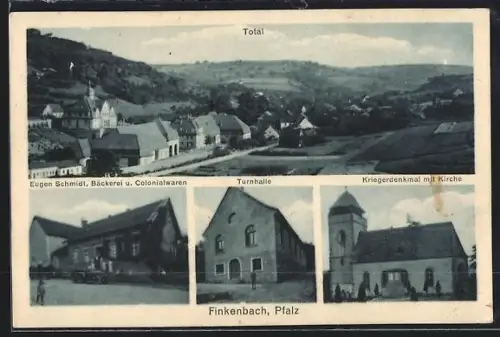 AK Finkenbach /Pfalz, Totalansicht, Bäckerei von Eugen Schmidt, Turnhalle und Kriegerdenkmal