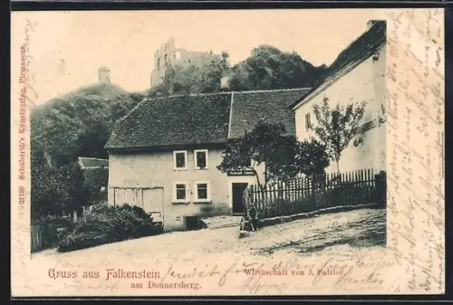 AK Falkenstein am Donnersberg, Partie mit Wirtschaft von J. Fattler, Ruine im Hintergrund