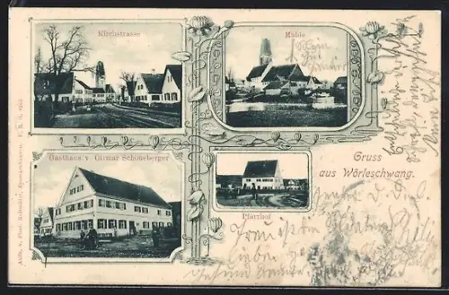 AK Wörleschwang, Partie an der Kirchstrasse, Mühle, Gasthaus v. Ottmar Schöneberger und Pfarrhof