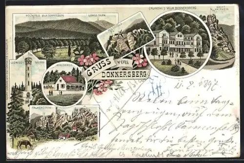 Lithographie Donnersberg, Moltkefels, Ludwigsthurm, Waldhaus, Falkenstein, Hotel Villa Donnersberg, Wacht am Rhein
