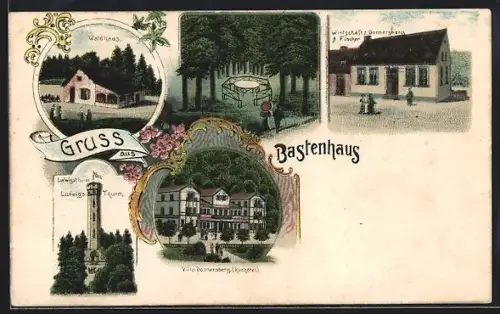 Lithographie Dannenfels, Gasthof Bastenhaus mit Waldhaus, Wirtschaft A. Fischer und Ludwigsthurm