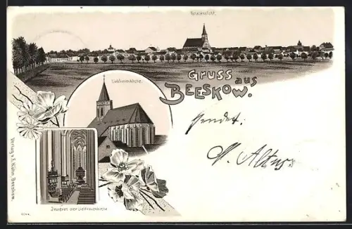 Lithographie Beeskow, Totalansicht, Liebfrauenkirche und das Innere der Kirche