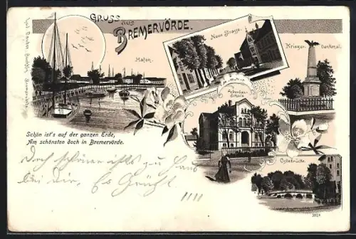 Lithographie Bremervörde, Hafen, Partie an der Neuen STrasse, Kriegerdenkmal, Ackerbauschule und Ostebrücke