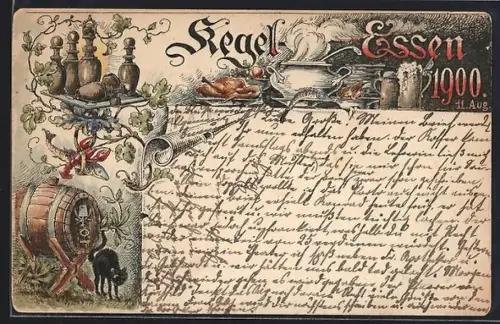 Lithographie Essen / Ruhr, Kegelverein, Betrunkener schwarzer Kater neben einem Bierfass und Kegelpins