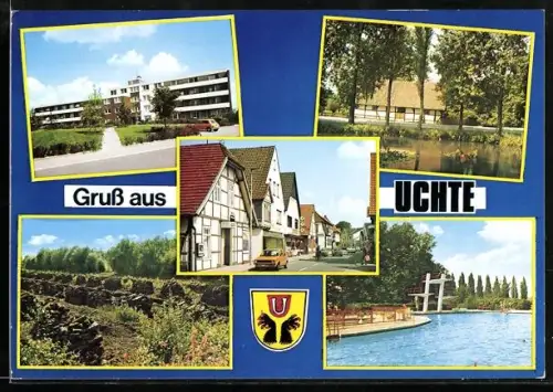AK Uchte, Schwimmbad, Strassenpartie, Uferpartie
