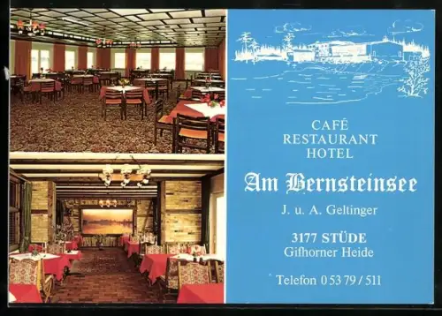 AK Stüde /Gifhorner Heide, Restaurant Hotel Am Bernsteinsee, J. u. A. Geltinger, Innenansichten