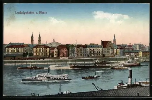 AK Ludwigshafen a. Rhein, Rheinansicht mit Dampfschiffen