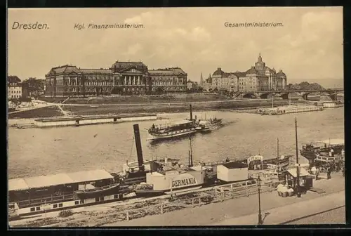 AK Dresden-Neustadt, Kgl. Finanzministerium, Gesamtministerium, Raddampfer Germania