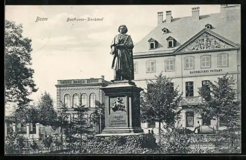 AK Bonn, Beethoven-Denkmal u. Kaiserliches Postamt