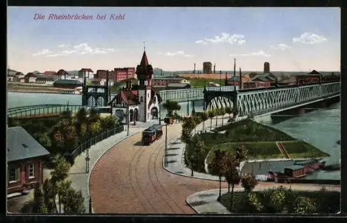 AK Kehl, Rheinbrücken, Strassenbahn, Zollhaus