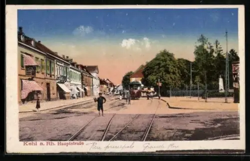 AK Kehl a. Rh., Hauptstrasse, Strassenbahn, Geschäftshäuser