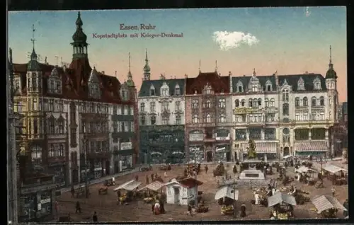 AK Essen /Ruhr, Kopstadtplatz, Krieger-Denkmal, Marktszene