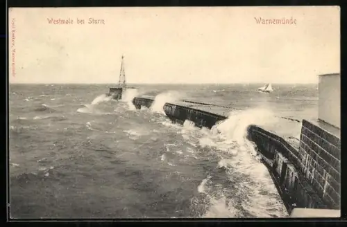 AK Warnemünde, Westmole bei Sturm