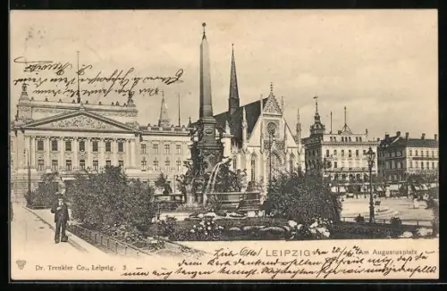 AK Leipzig, Augustusplatz, Universitätskirche, Brunnen, Neues Theater