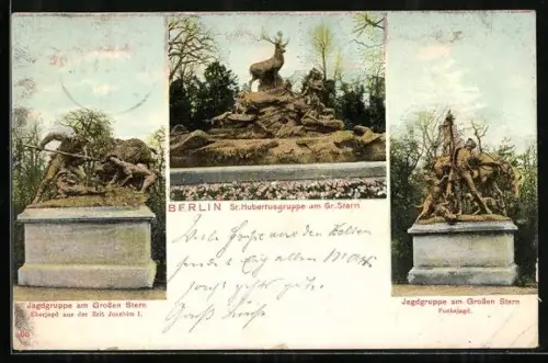 AK Berlin-Tiergarten, St. Hubertusgruppe am Grossen Stern, Jagdgruppe aus der Zeit Joachim I., Fuchsjagd