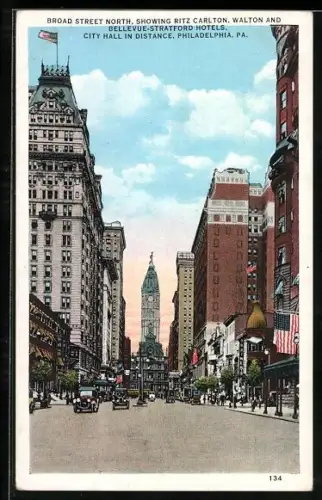 AK Philadelphia, PA, Broad Street North, showing Ritz Carlton, Walton and Bellevue-Stratford Hotels