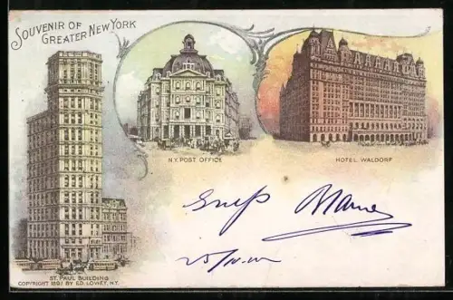 AK New York, NY, Hotel Waldorf, N. Y. Post Office, St. Paul Building