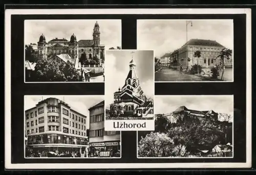 AK Uzhorod, Kirche, Strassenpartie mit Geschäften, Ortspartie