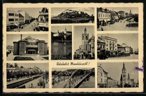 AK Munkacs, Strassenpartie, Schloss, Brücke und weitere Ortsansichten