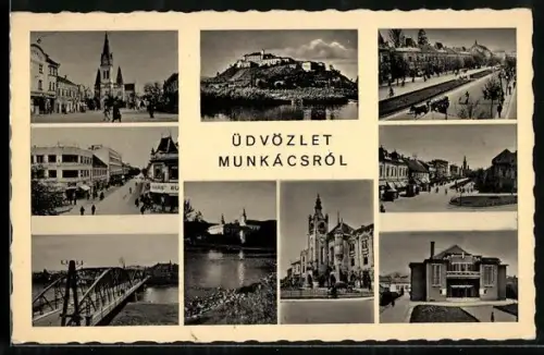 AK Munkács, Kirche, Brücke, Strassenpartie