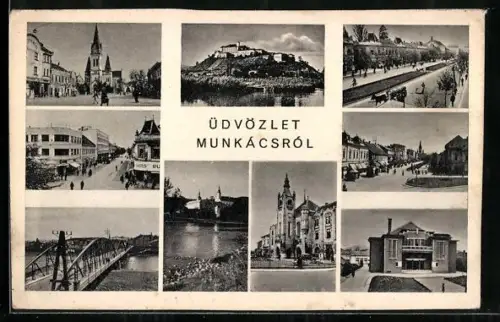 AK Munkács, Kirche, Brücke, Strassenpartie