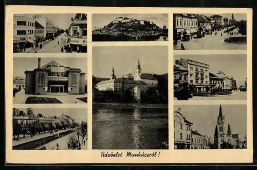 AK Munkács, Ufer, Strassenpartie, Kirche