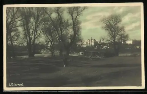 AK Uzhorod, Wiese mit Baracken und Ortspanorama