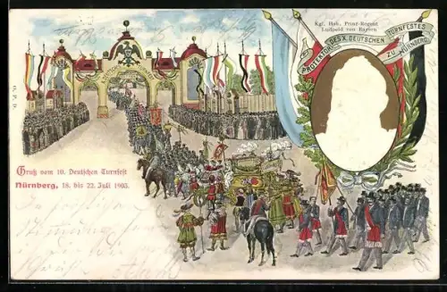 AK Nürnberg, 10. Deutsches Turnfest in Nürnberg 1903, Portrait Prinz-Regent Luitpold von Bayern
