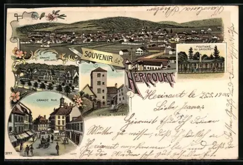 Lithographie Hericourt, Panorama, Groupe scolaire, Grande rue, Fontaine du Sauvourot