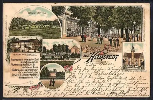 Lithographie Helmstedt, Herzog-Karlsquelle, Theater, ehemalige Universität