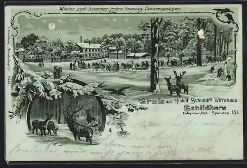 Mondschein-Lithographie Spandau, Gasthaus Schildhorn R. Schmidt mit Umgebung im Winter, Hirsche im Wald