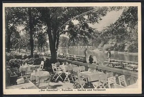 AK Potsdam, Gaststätte Der Havelhof Roesch & Branscheid, Saarmunderstrasse 1-2a, Terrasse mit Wasserblick