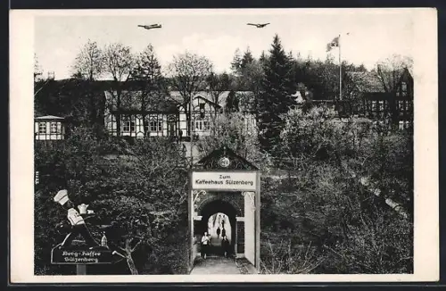 AK Langensalza, Gasthof Zum Kaffeehaus Sülzenberg mit Eingangsportal, Flugzeugen, n, Wegweiser