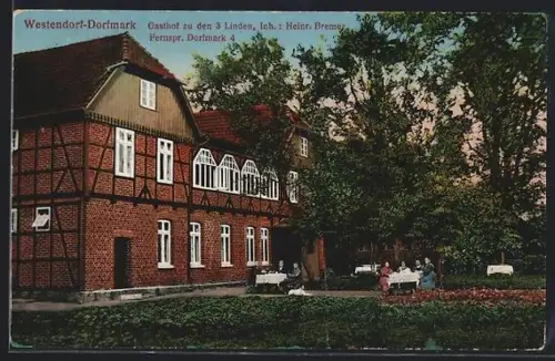 AK Westendorf /Dorfmark, Gasthof zu den 3 Linden H. Bremer mit Gästen im Garten