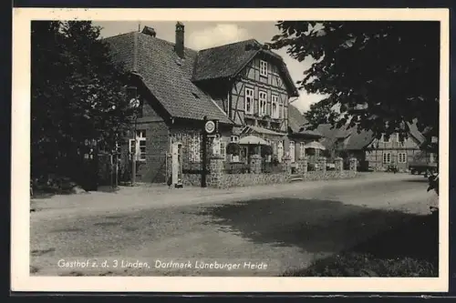 AK Dorfmark /Lüneburger Heide, Gasthof z. d. 3 Linden Karl Erxmeyer mit Strasse u. Tankstelle