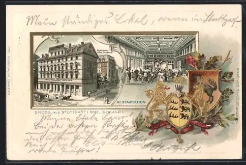 Passepartout-Lithographie Stuttgart, Hotel Dierlamm mit Dependance und Restauration, Wappen
